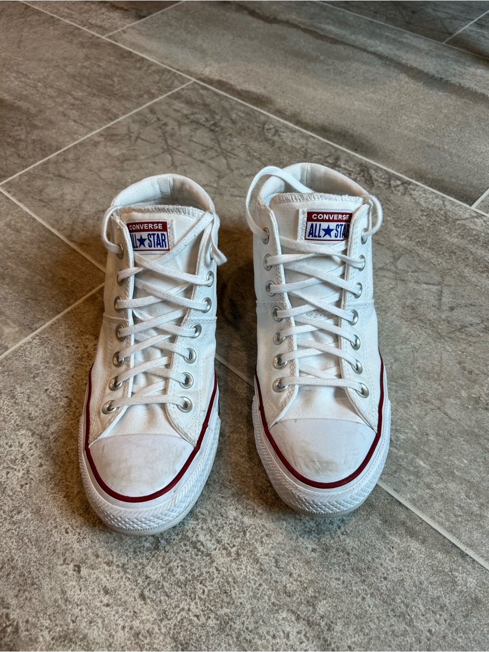 Converse White High-Top Sneakers with Red Stripe